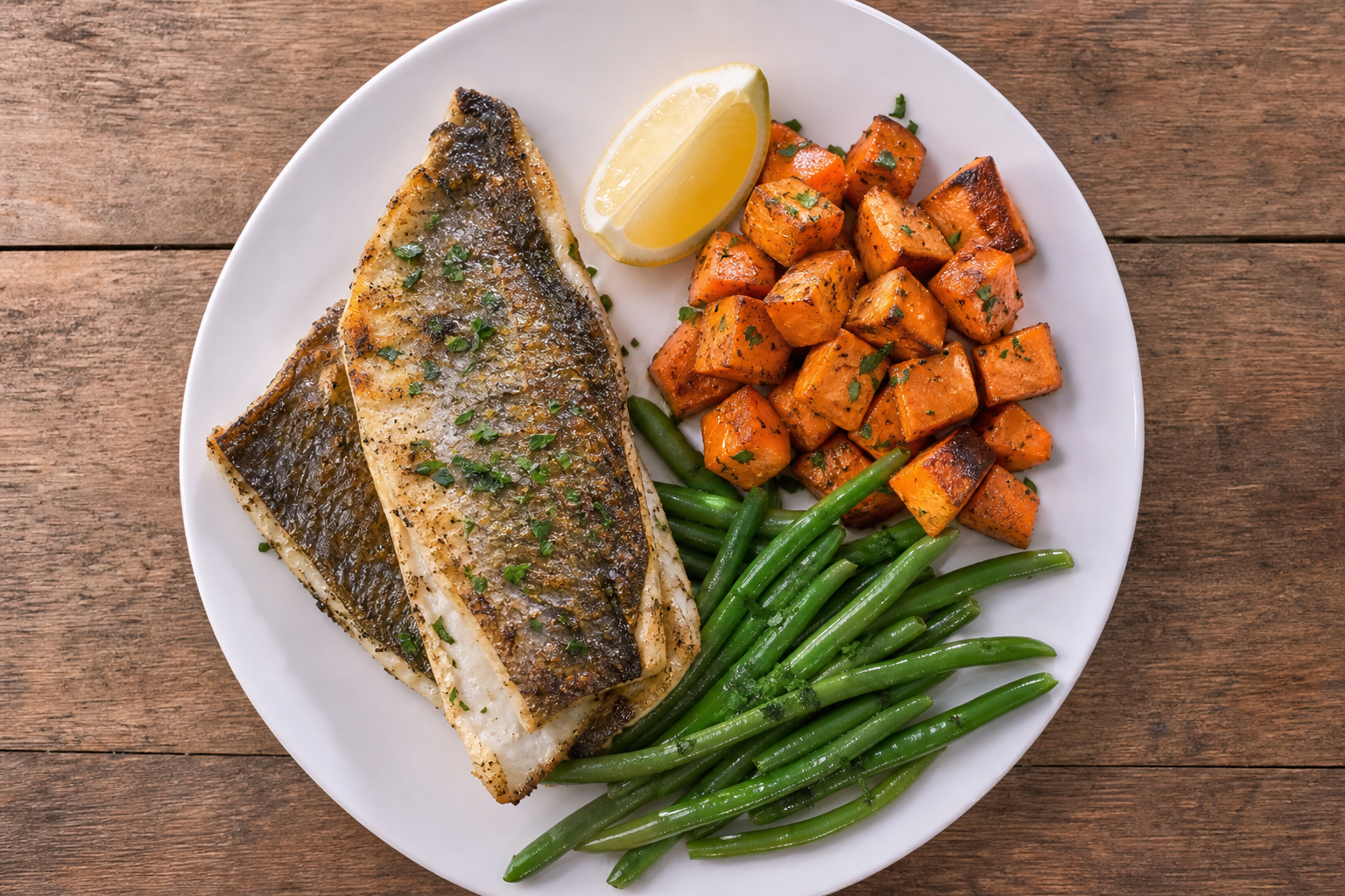 Prato equilibrado com peixe grelhado e legumes